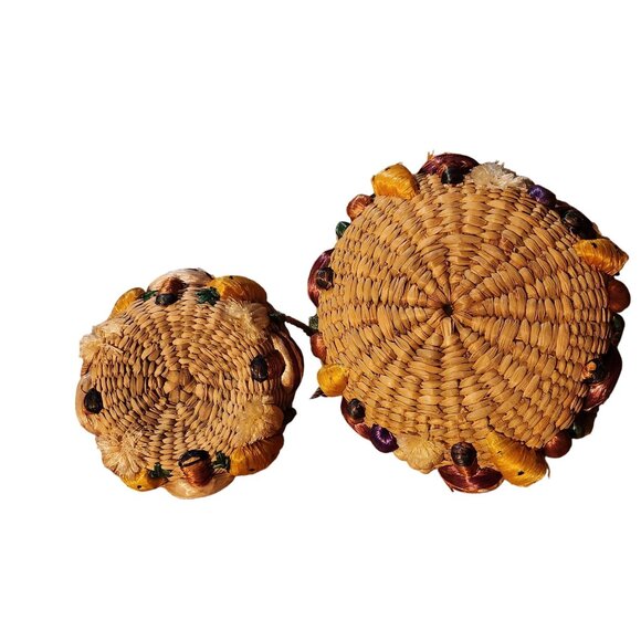 Decorative Rafia Woven Bread Baskets With Faux Vegetables Set Of 2 Cottage Boho - Picture 5 of 8